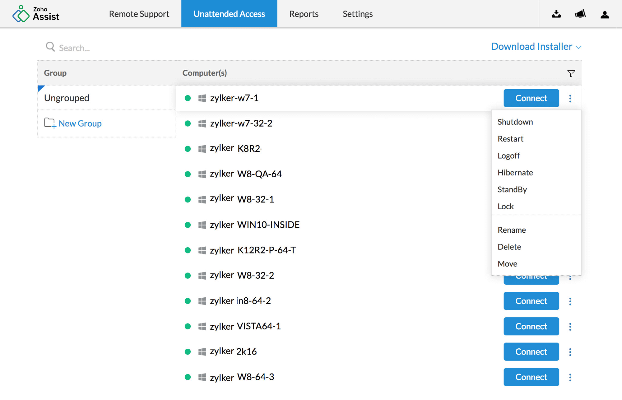 unlimited Unattended Devices Zoho Assist's features for managing unlimited unattended computers, including grouping and departmental organization.