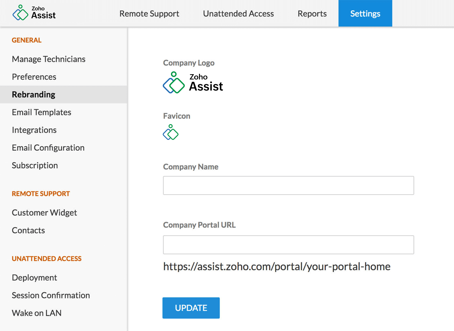 Installation-free Customization Customization options for Zoho Assist, including branding and email customization.