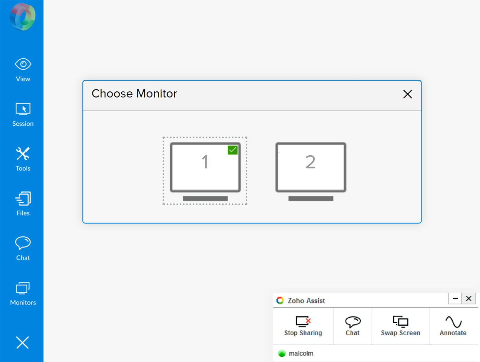 Multi-monitor Navigation Zoho Assist interface with multi-monitor navigation controls for seamless switching between multiple displays during remote sessions.