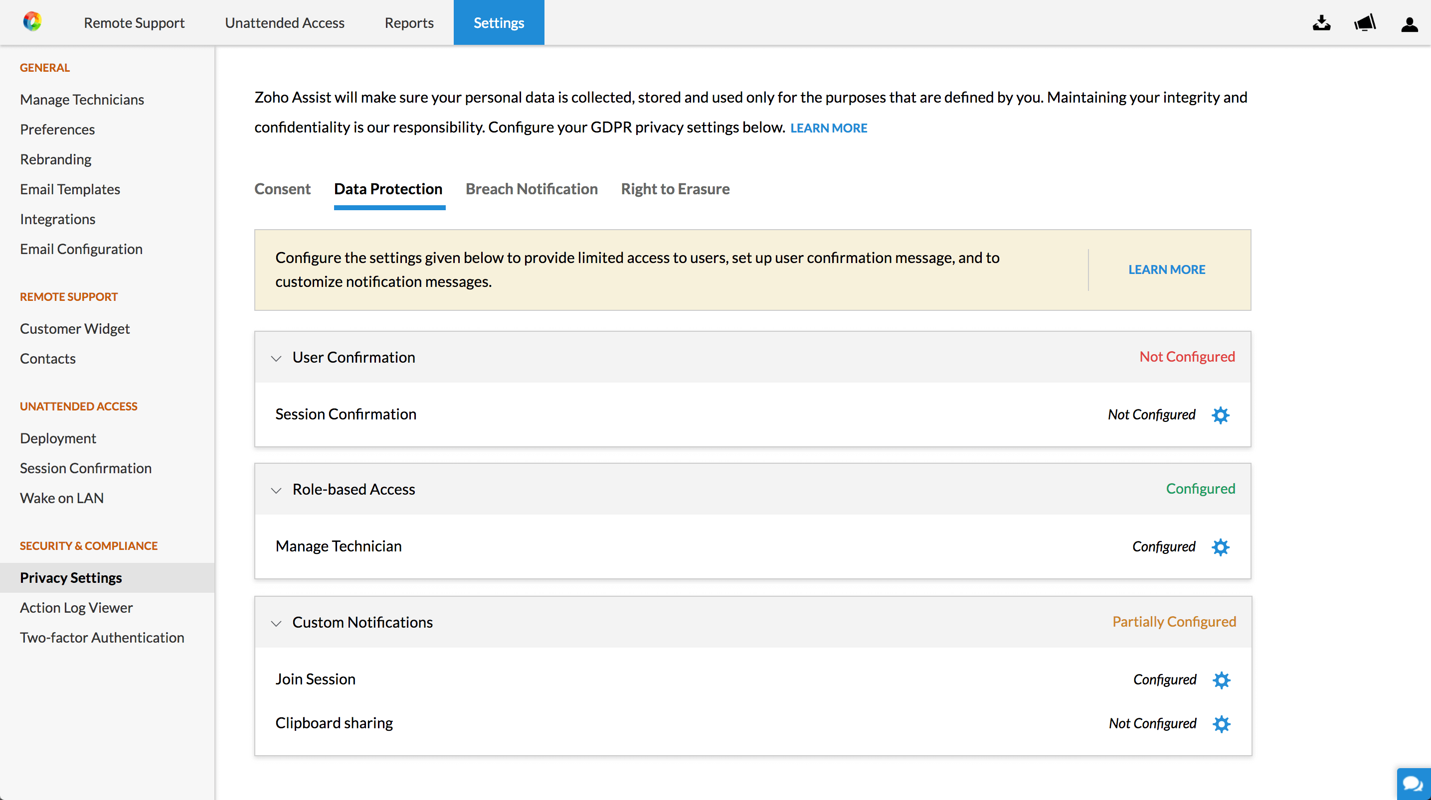Zoho Assist settings page displaying data protection and privacy configurations