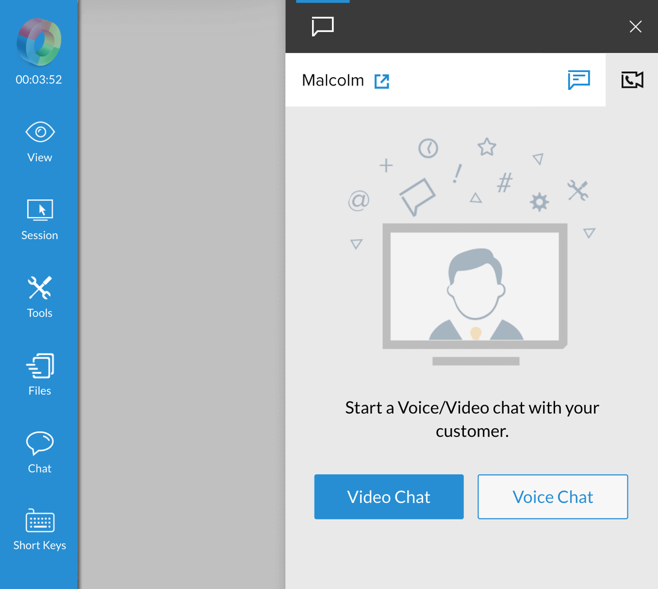 Text, Voice and Video Chat Zoho Assist interface with options for text, voice, and video chat during remote support sessions