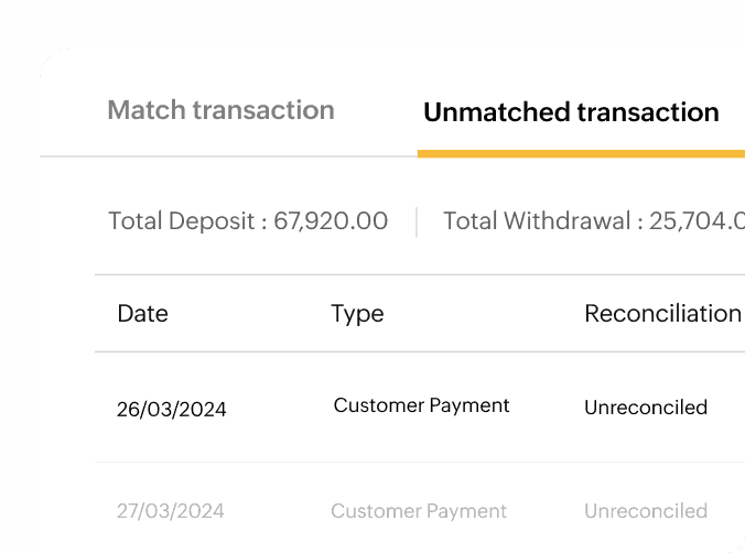 列表显示未匹配的交易和未对账的银行对账单。