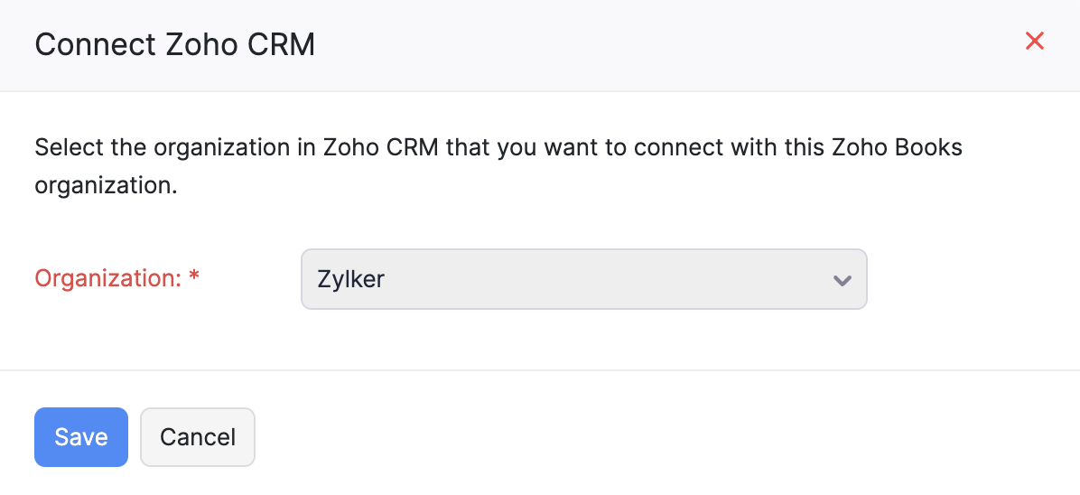 选择要与 Zoho Books 连接的 Zoho CRM 组织