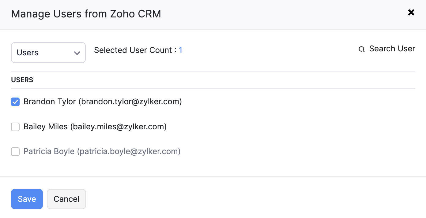 选择要从 Zoho 集成 (Zoho CRM) 角色中删除的用户