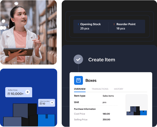 一名仓库员工手持电子平板检查库存。插图还包含样式化的物品创建和仓库模块,显示数量和物品详情。