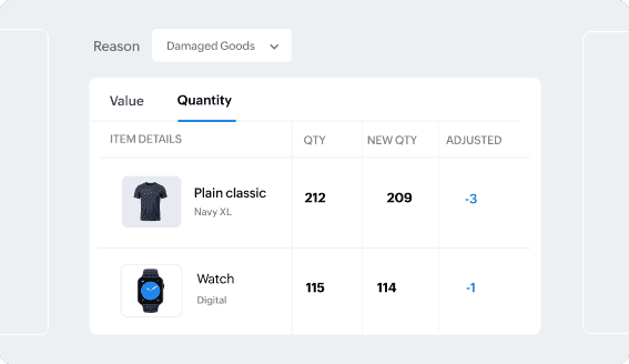 Zoho Books 显示各种库存报告,如库存摘要、已承诺库存详情、库存估值、FIFO 成本批次跟踪和库存老化摘要。库存估值报告突出显示了一个可见部分。