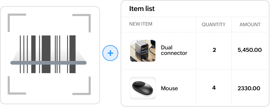 创意插图显示了通过扫描条形码添加商品并填充商品详细信息。