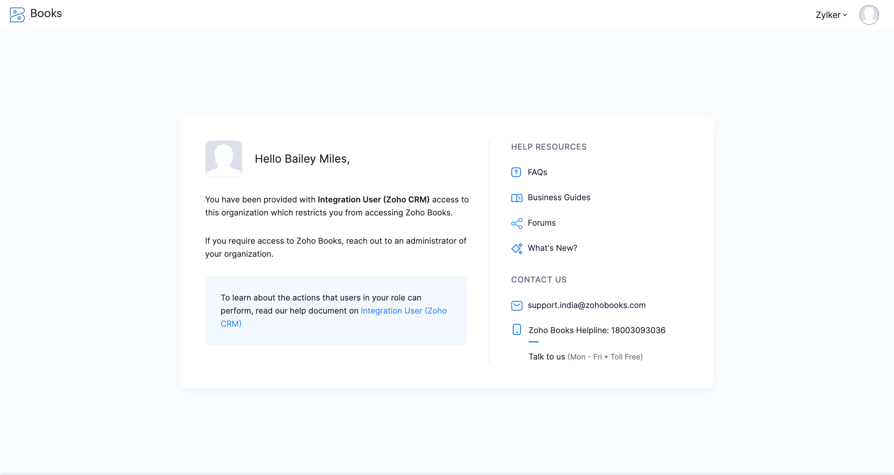 在 Zoho Books 中为集成用户(Zoho CRM)用户显示的页面