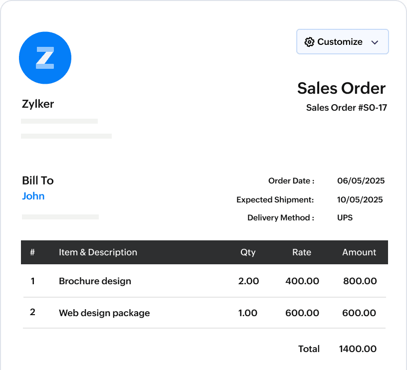 自定义您的销售订单-Zoho Books订单系统