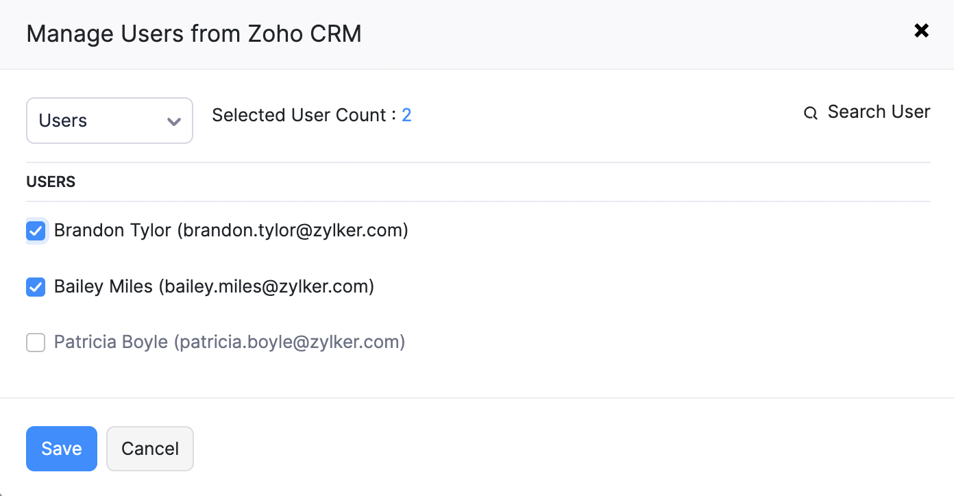 选择要添加到集成用户(Zoho CRM)角色的用户