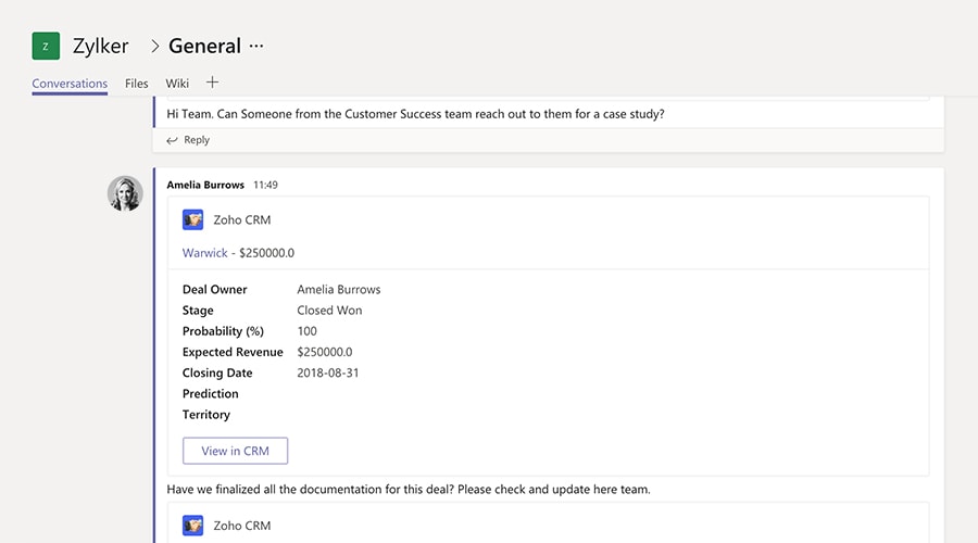 使用 Microsoft Teams 聊天共享 CRM 更新