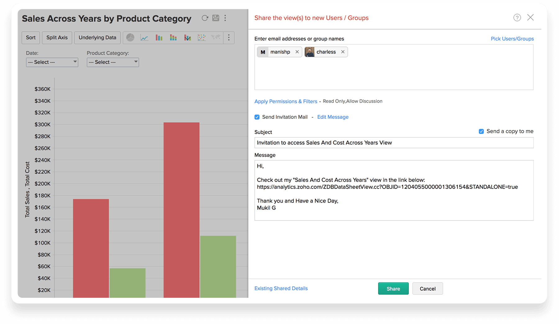 Collaborate online with Zoho Analytics Data Visualization Tool