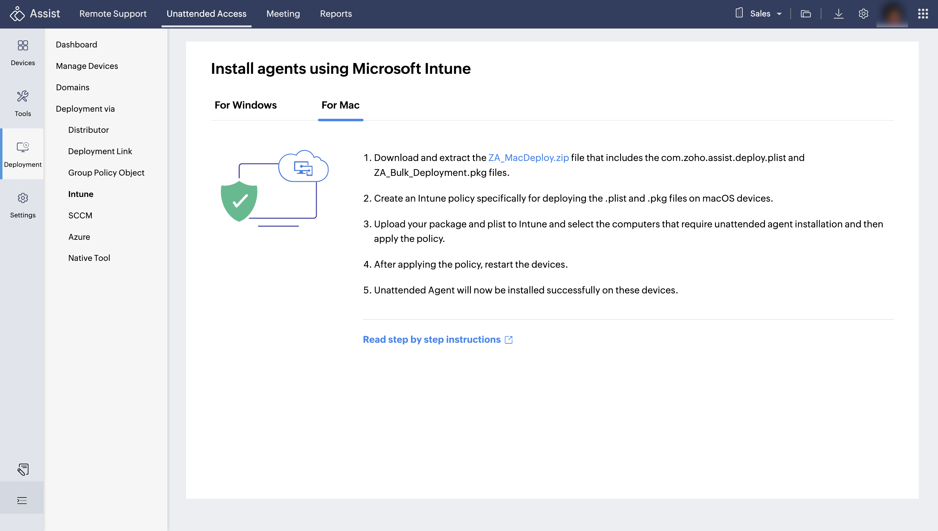 导航到 Unattended access > Deployment > Intune。在 “For Mac” 选项卡下，部署并解压名为 “ZA_MacDeploy.zip” 的压缩文件。