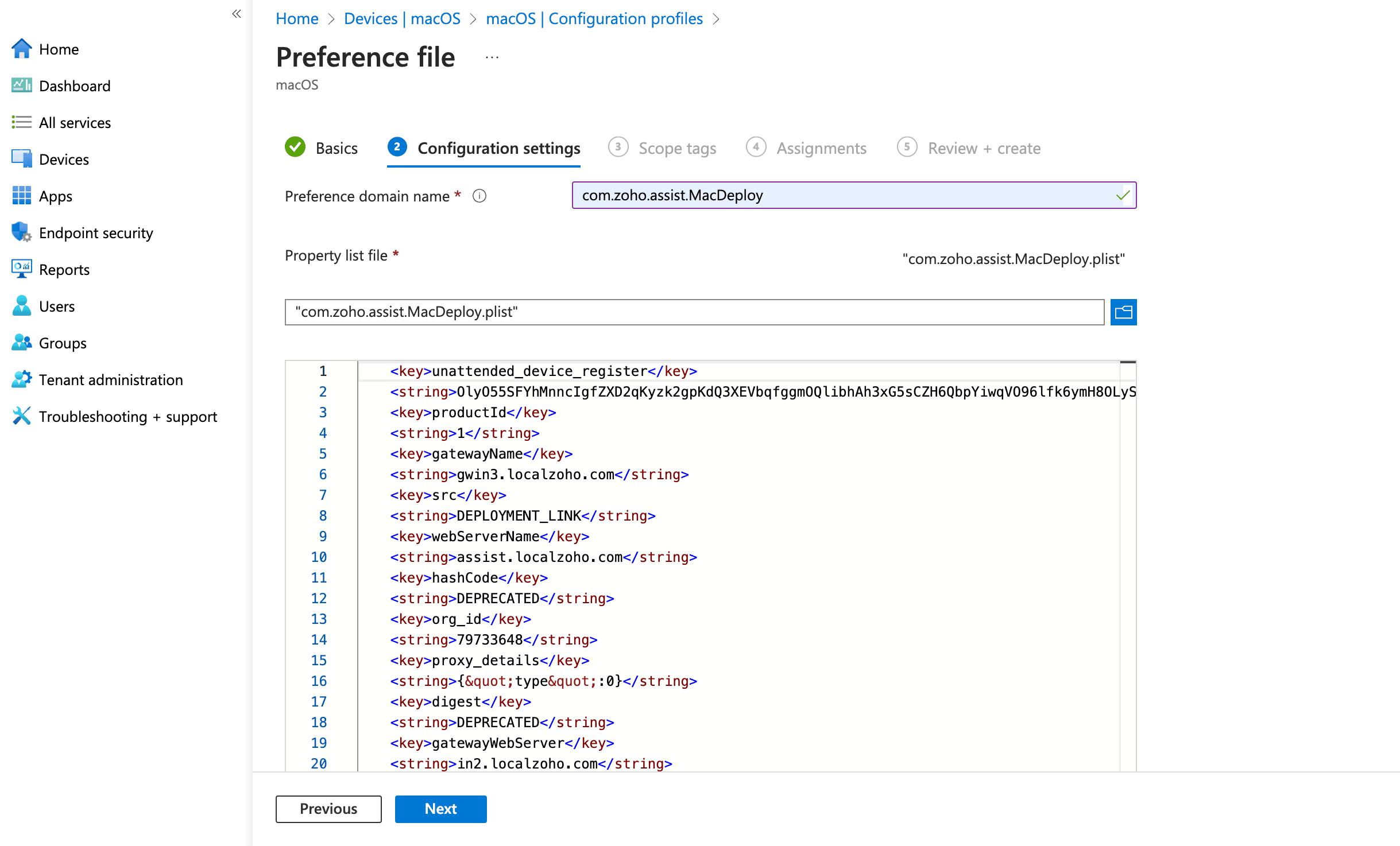 com.zoho.assist.MacDeploy 的 Intune 配置设置