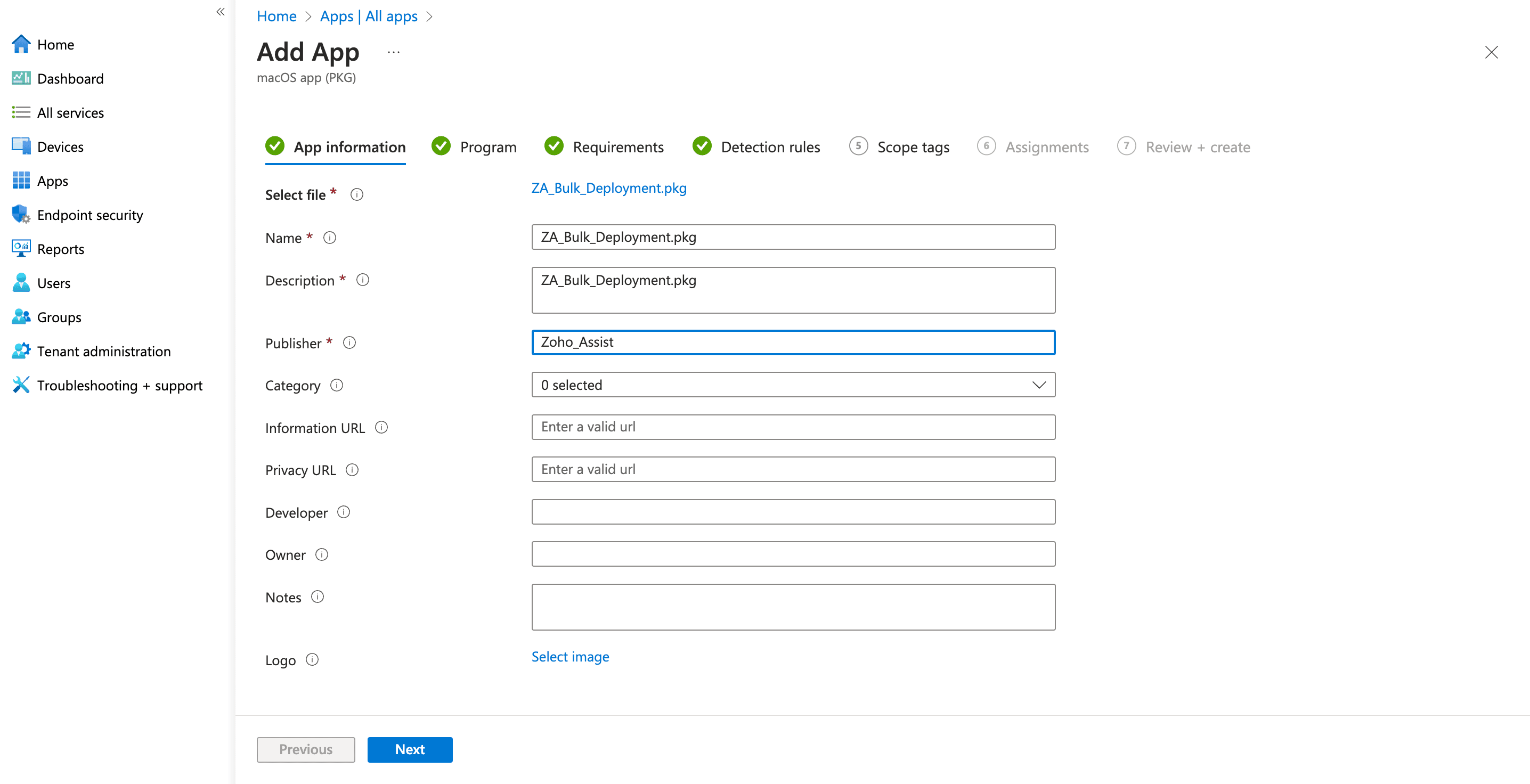用于部署 Zoho Assist 的 Intune macOS 应用上传