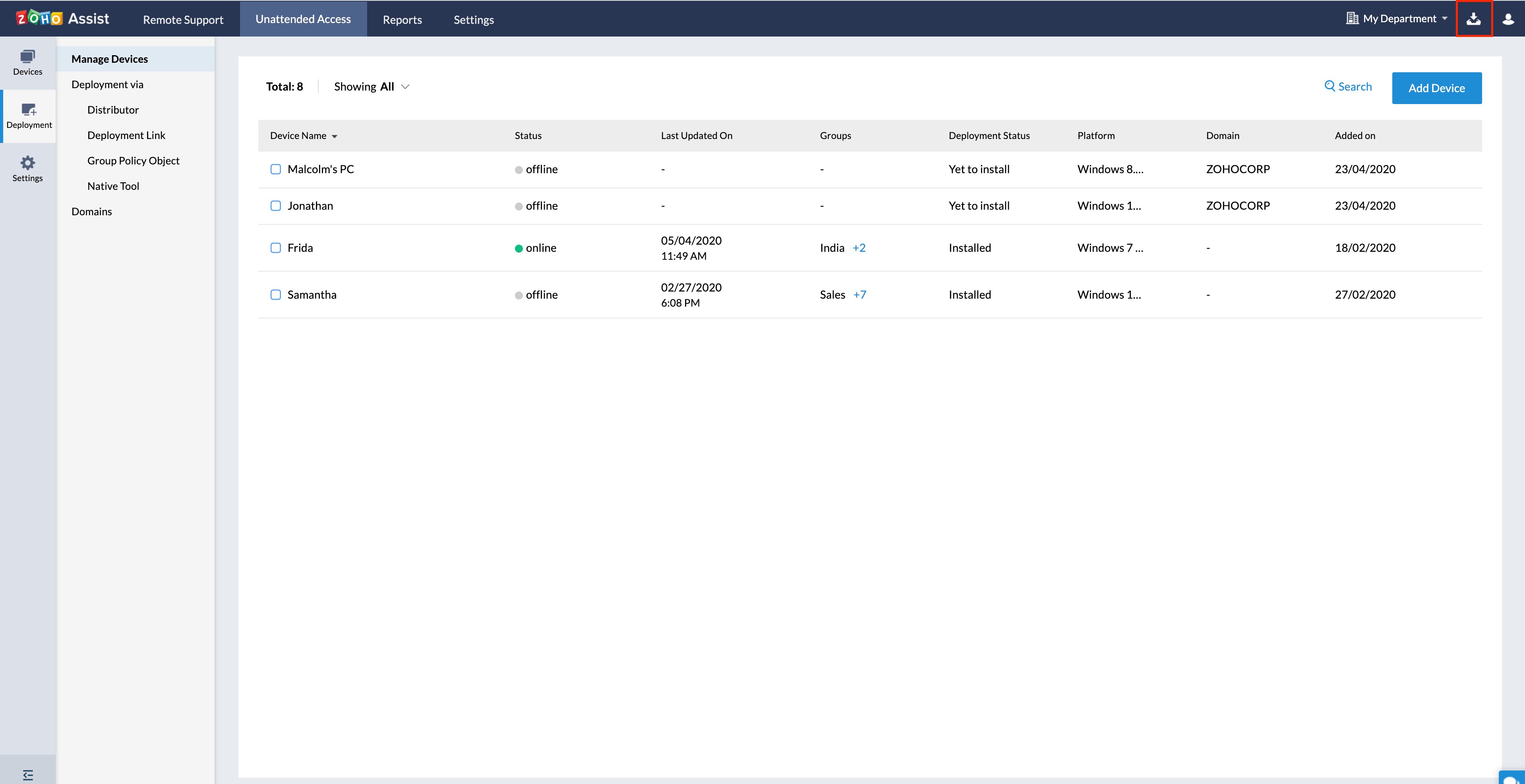 点击无人值守访问主页面右上角的下载图标，该页面列出了已配置的设备