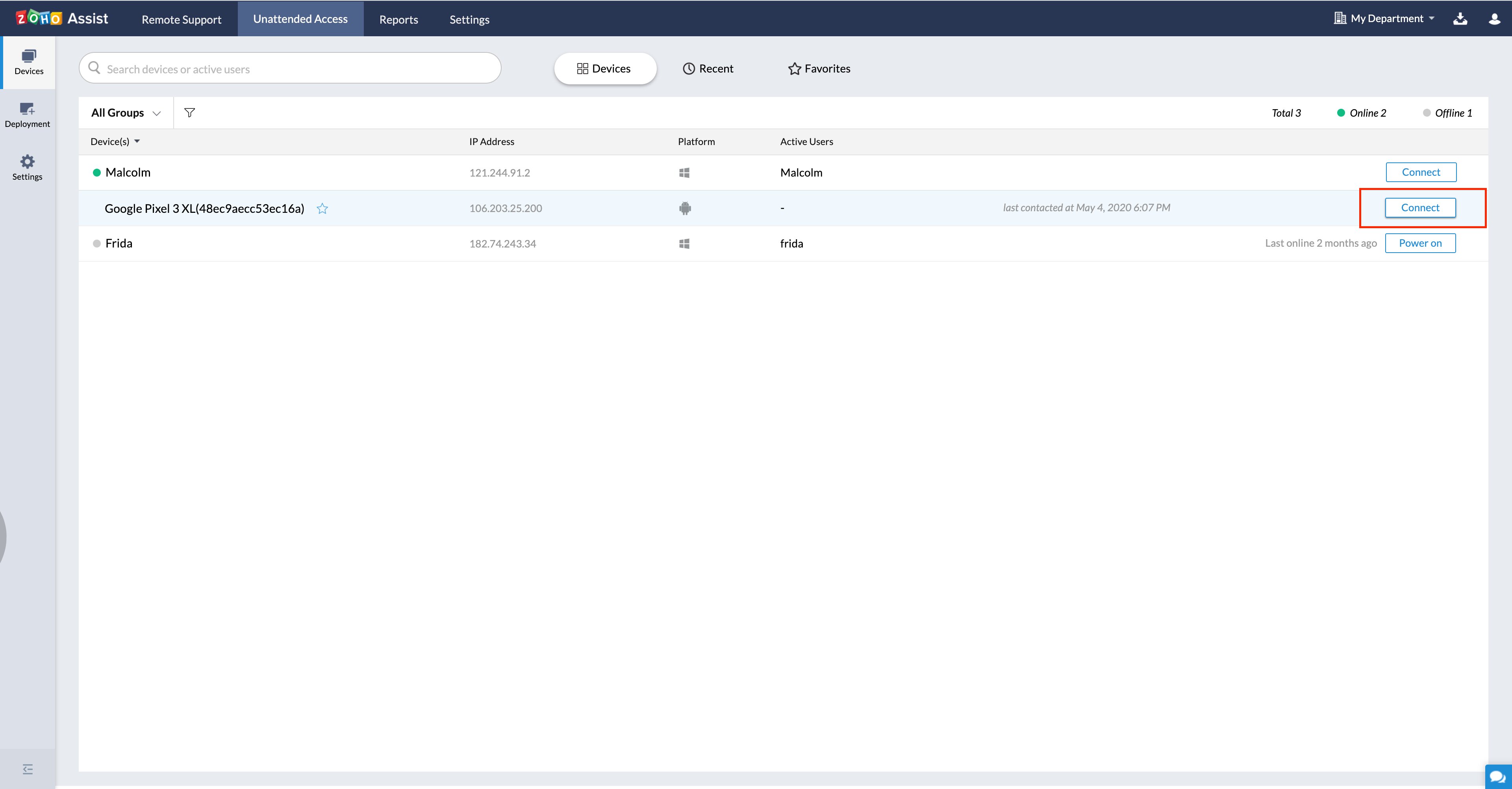 配置完成后，设备将列在“无人值守访问”下。单击设备旁边的“连接”以启动无人值守访问会话