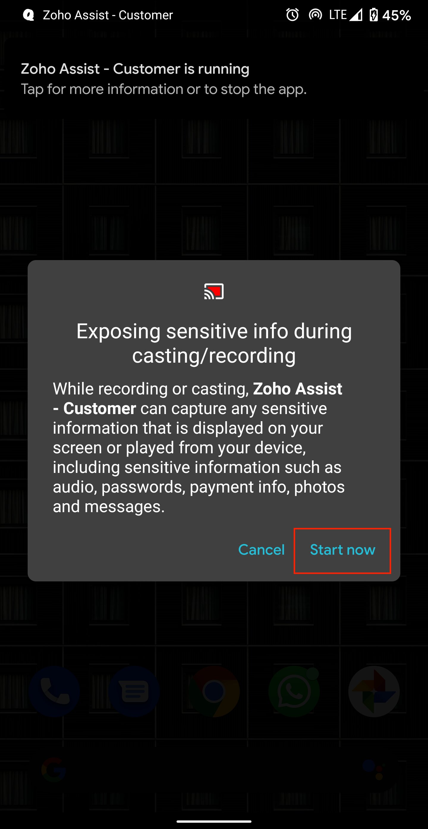 技术人员启用的会话确认提示，供客户在无人值守访问会话开始前授予访问权限
