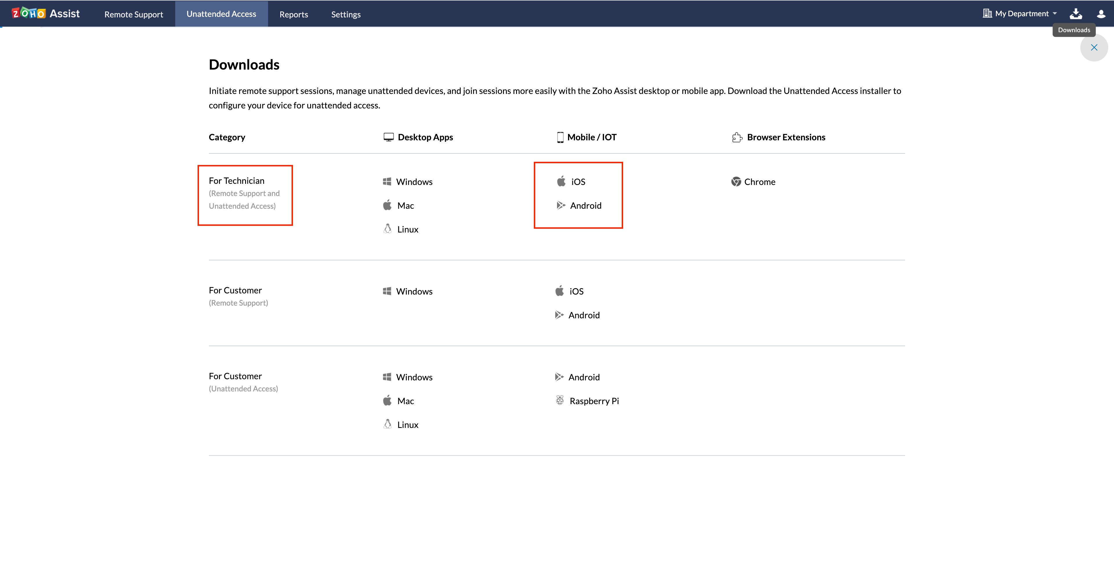 根据设备的操作系统选择合适的安装程序。在本例中，在技术人员类别下选择了 iOS 和 Android