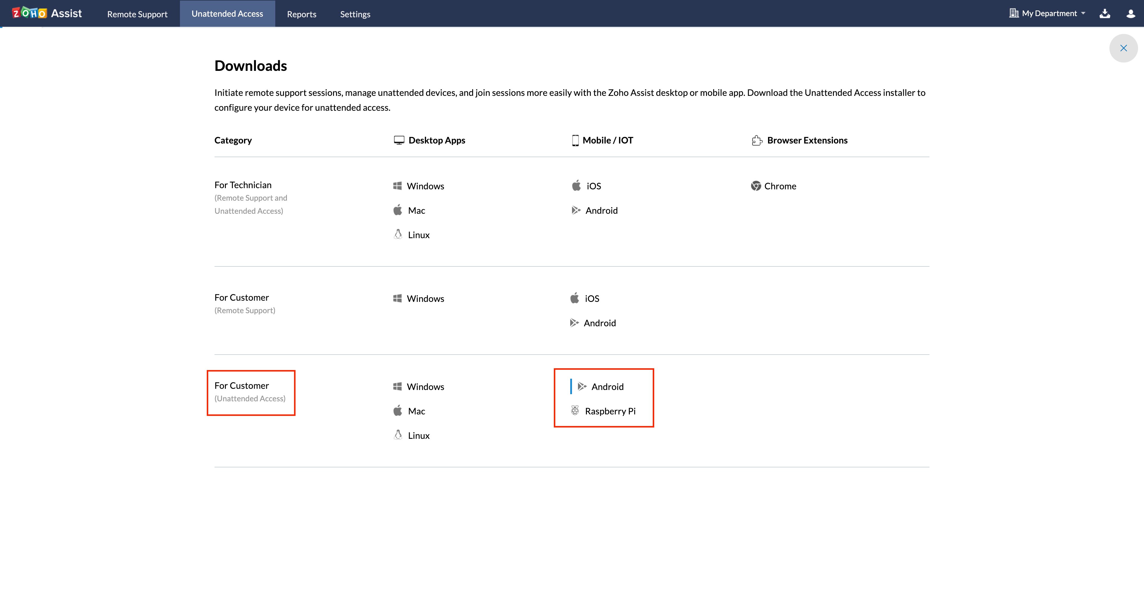 根据客户设备的操作系统选择无人值守安装程序。本例中选择了 Android 和 Raspberry Pi