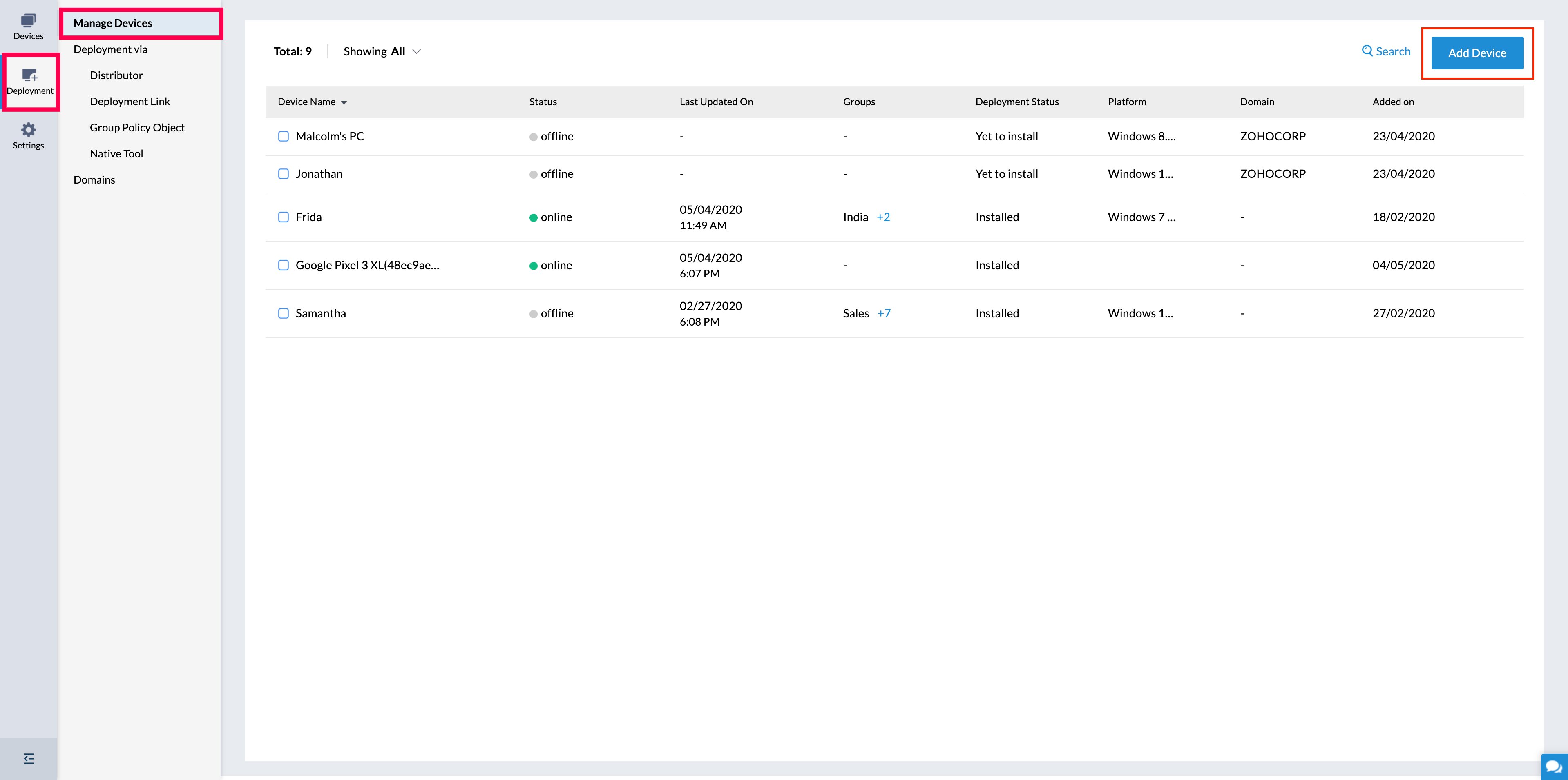 要添加设备，请导航到无人值守访问 > 部署 > 管理设备，然后点击添加设备