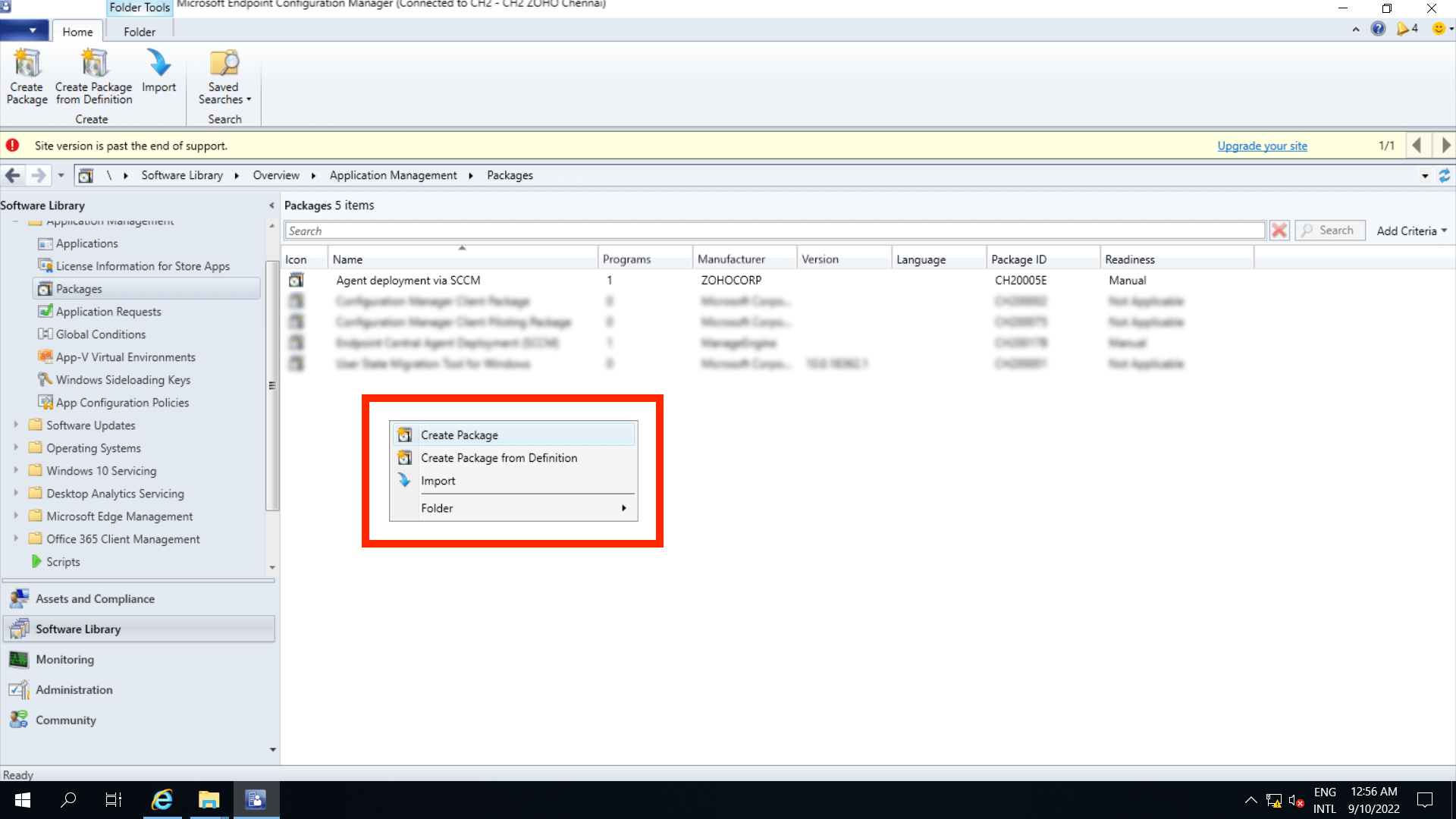 在导航到 Endpoint Configuration Manager 软件库时，在 应用程序管理 下的 软件包 中右键单击以创建软件包