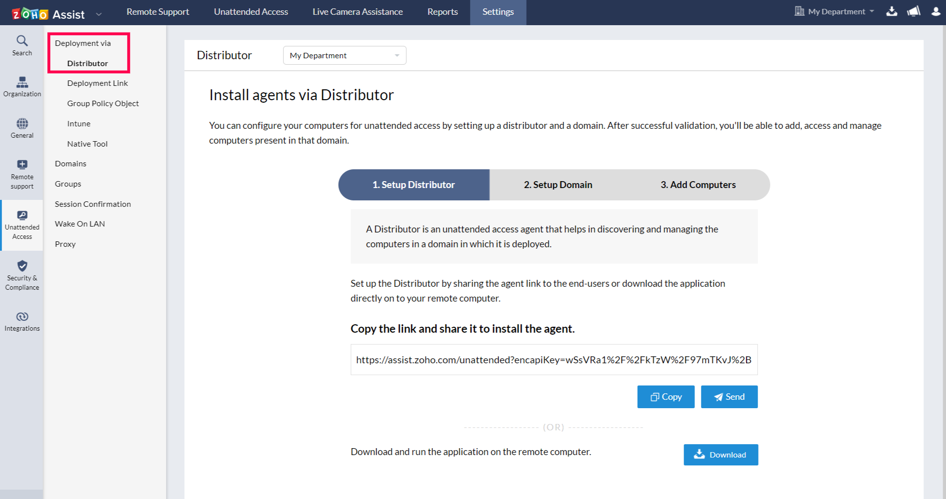 导航至 设置 > 无人值守访问 > 部署 > 分发器，在此你可以设置分发器、设置域并添加计算机