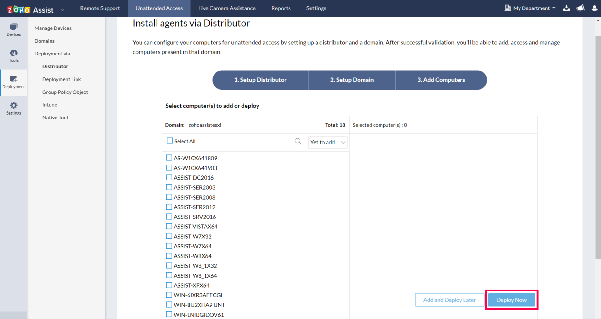 域中的所有计算机都会显示出来。单击“立即部署”即可在所选远程计算机上部署无人值守访问代理。