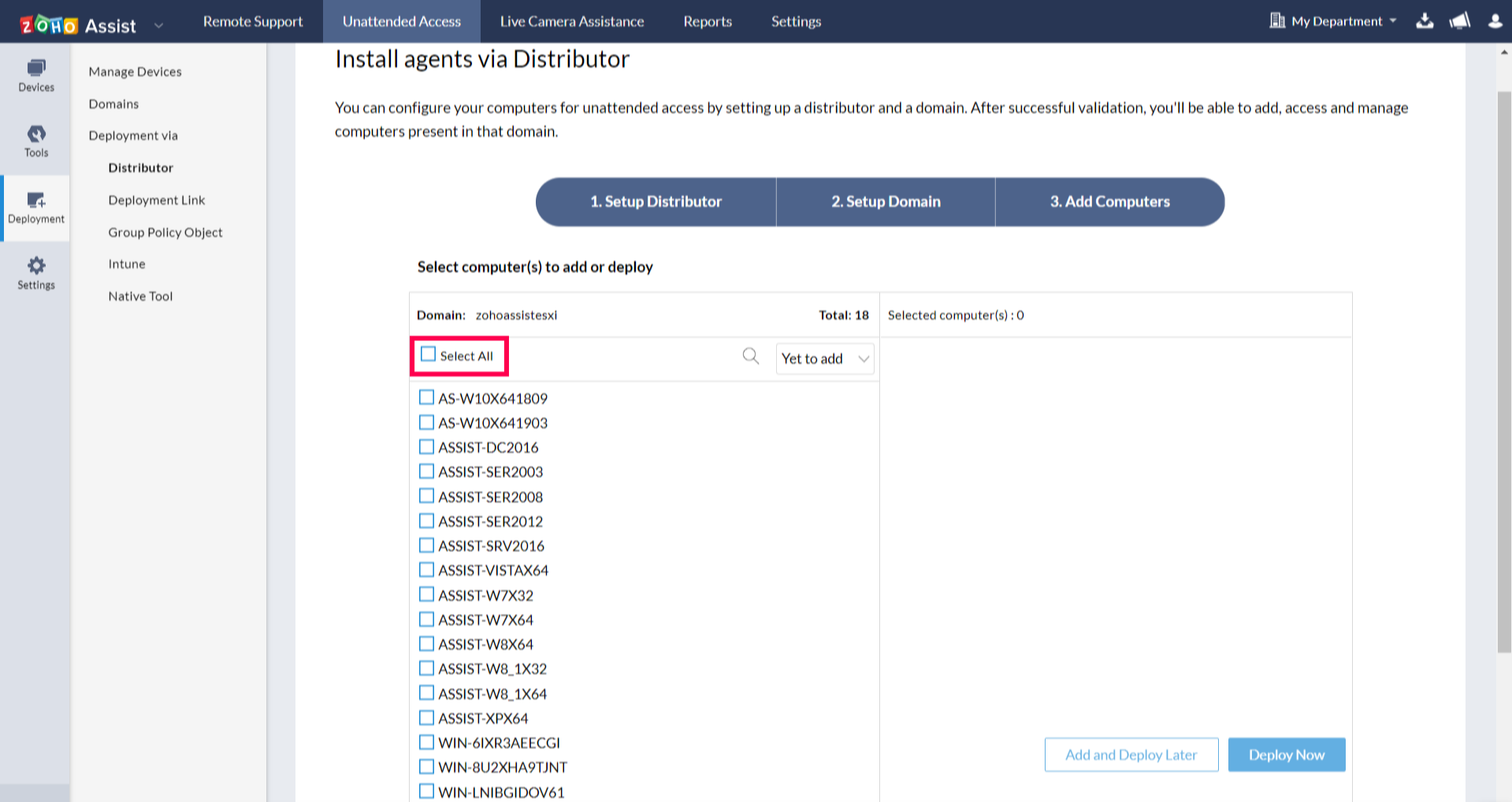 显示域中的所有计算机。单击“全部选择”将在所有远程计算机上部署无人值守访问代理。