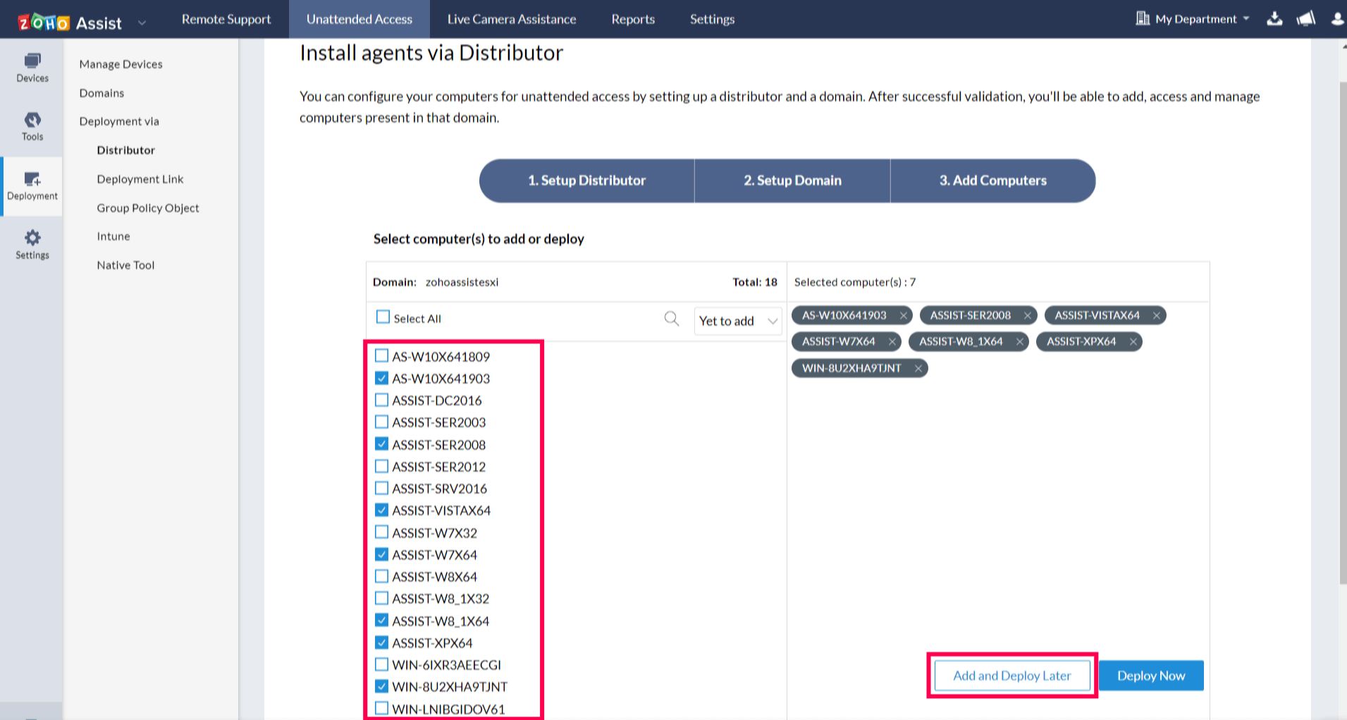 选择要部署无人值守访问代理的计算机，然后单击“添加并稍后部署”，将计算机添加到设备列表中。