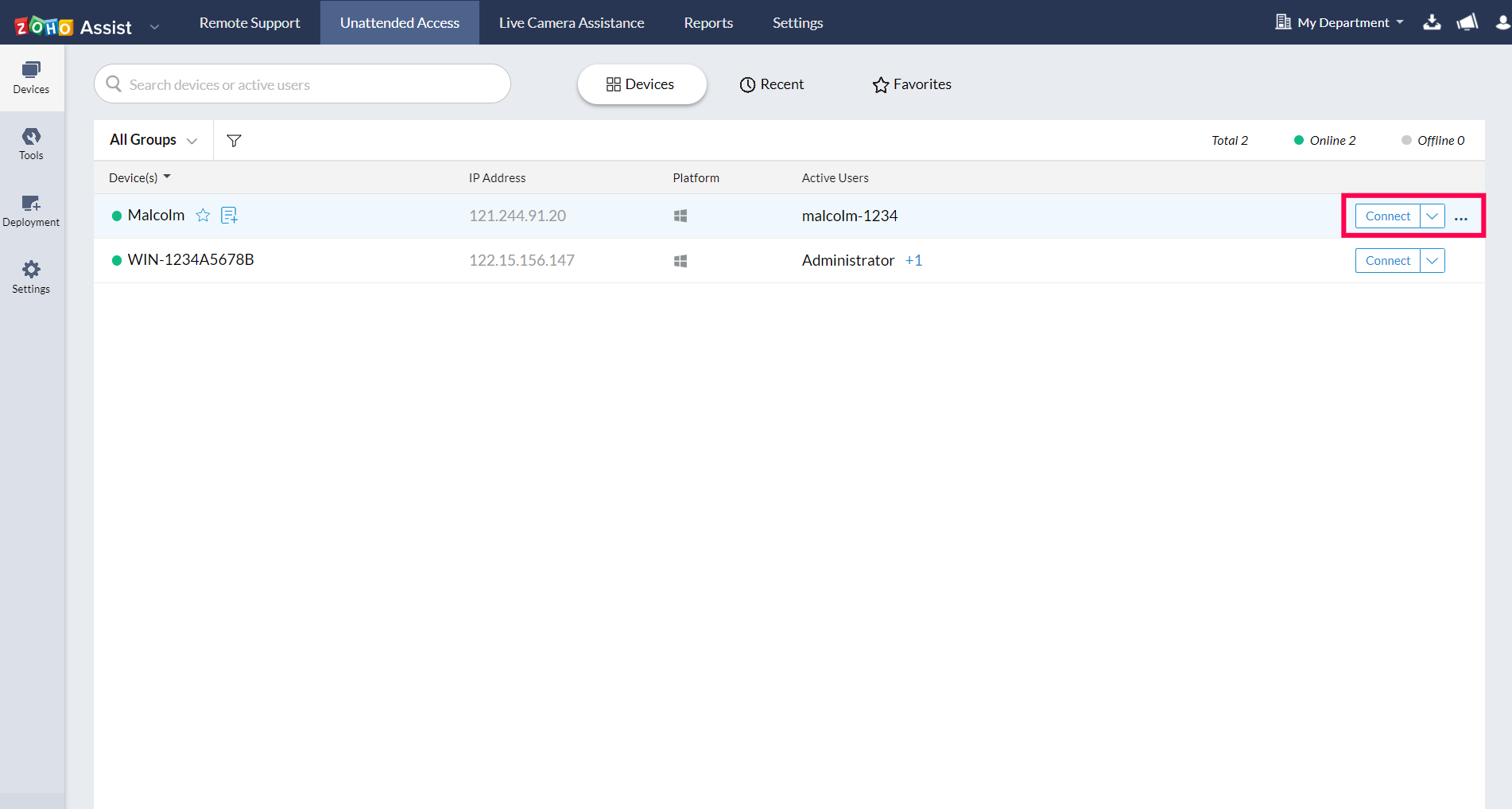 已配置的设备列在无人值守访问选项卡下，点击“连接”以访问远程计算机。