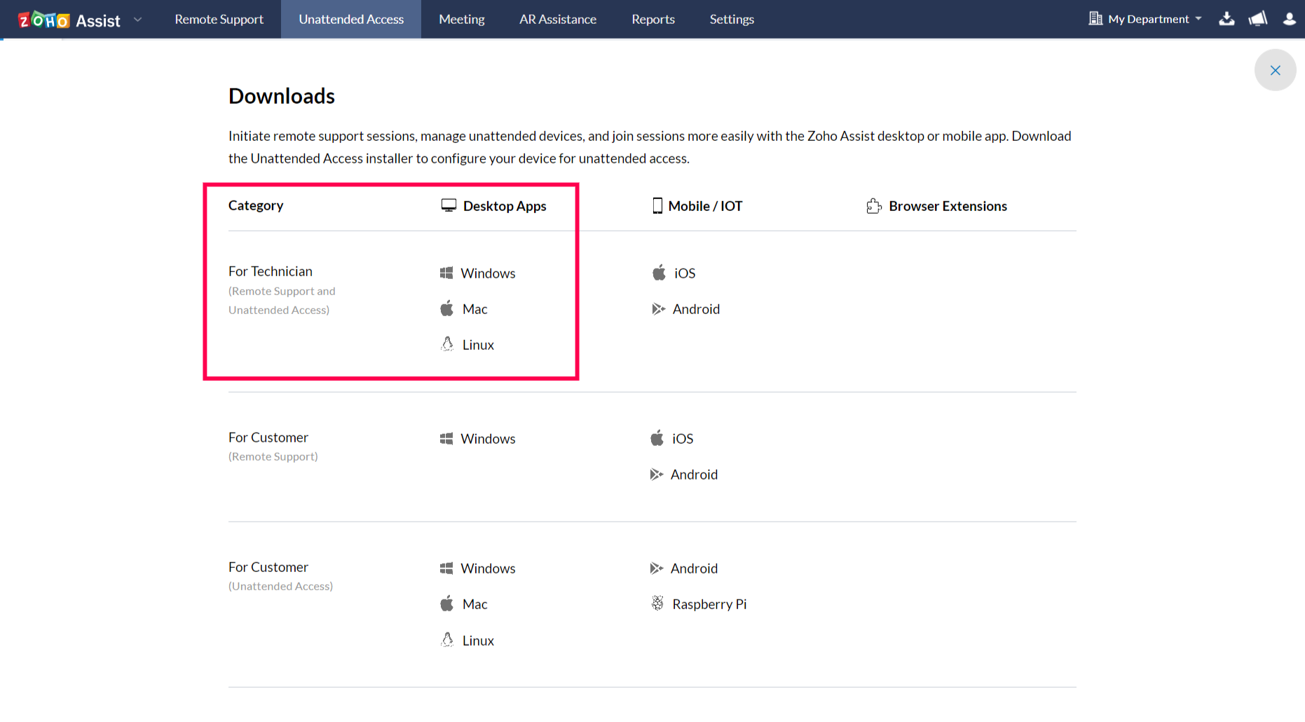 Zoho Assist 桌面应用下载选项