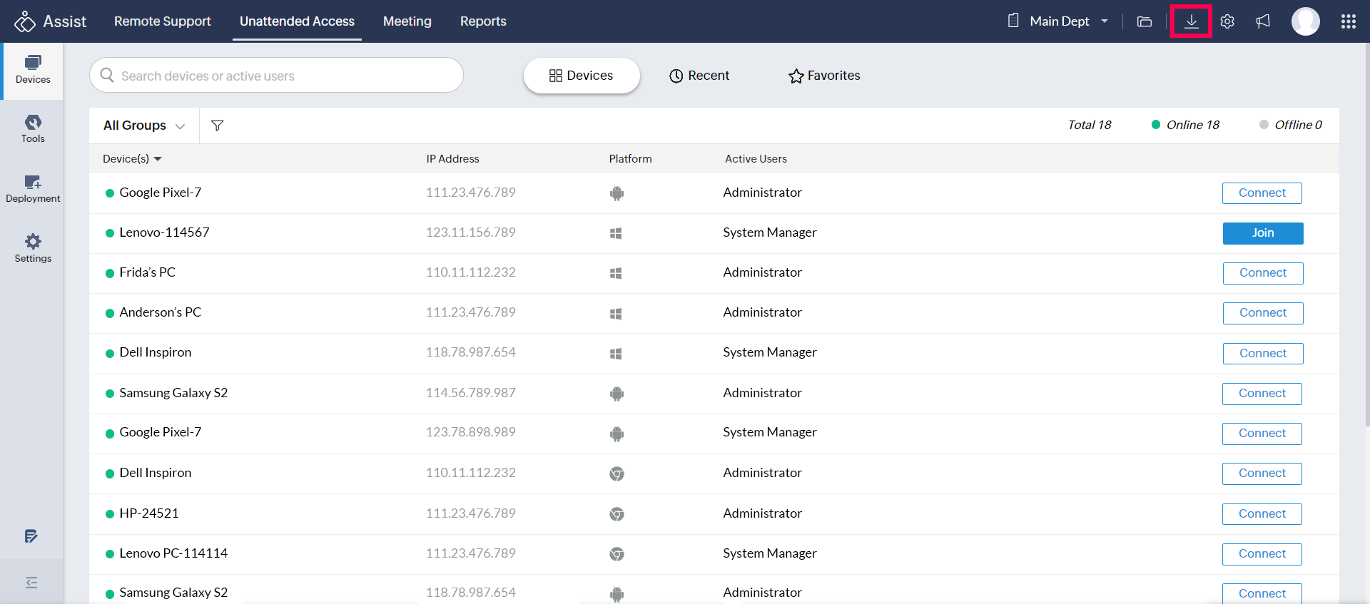 Zoho Assist 主窗口中的下载图标