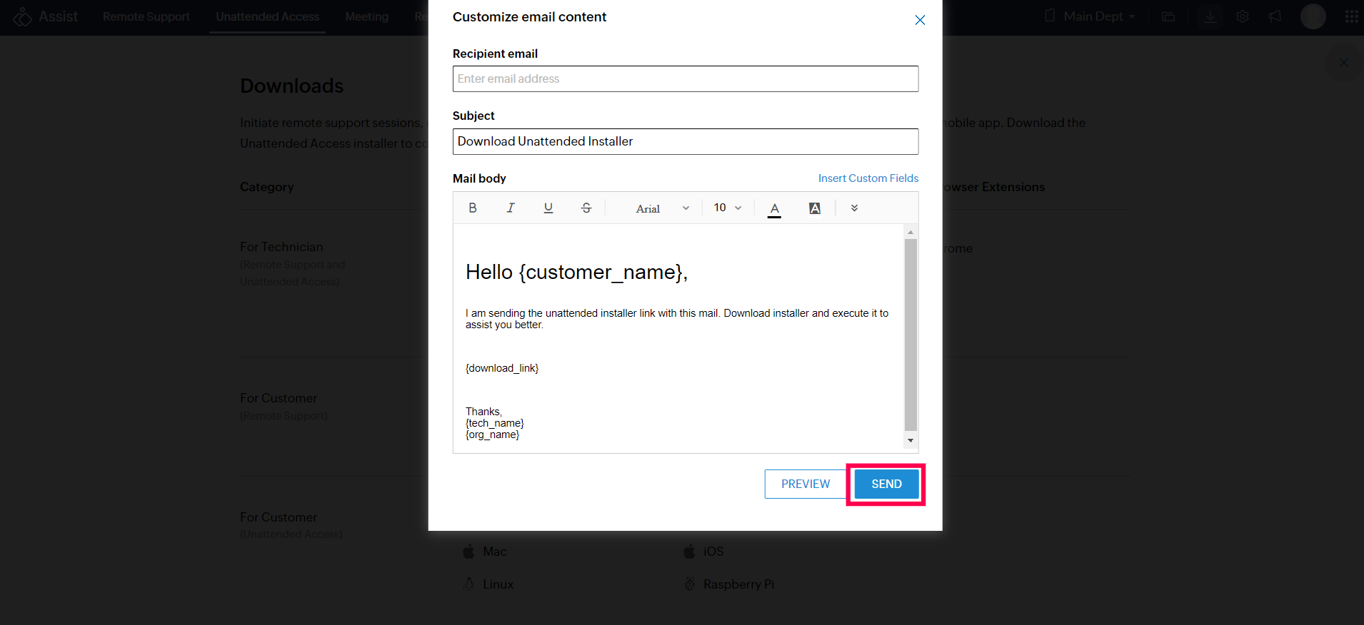 通过电子邮件将安装程序链接分享给客户