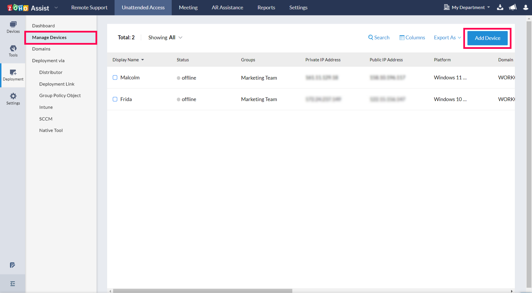 导航到无人值守访问，选择部署，选择管理设备，然后点击添加设备