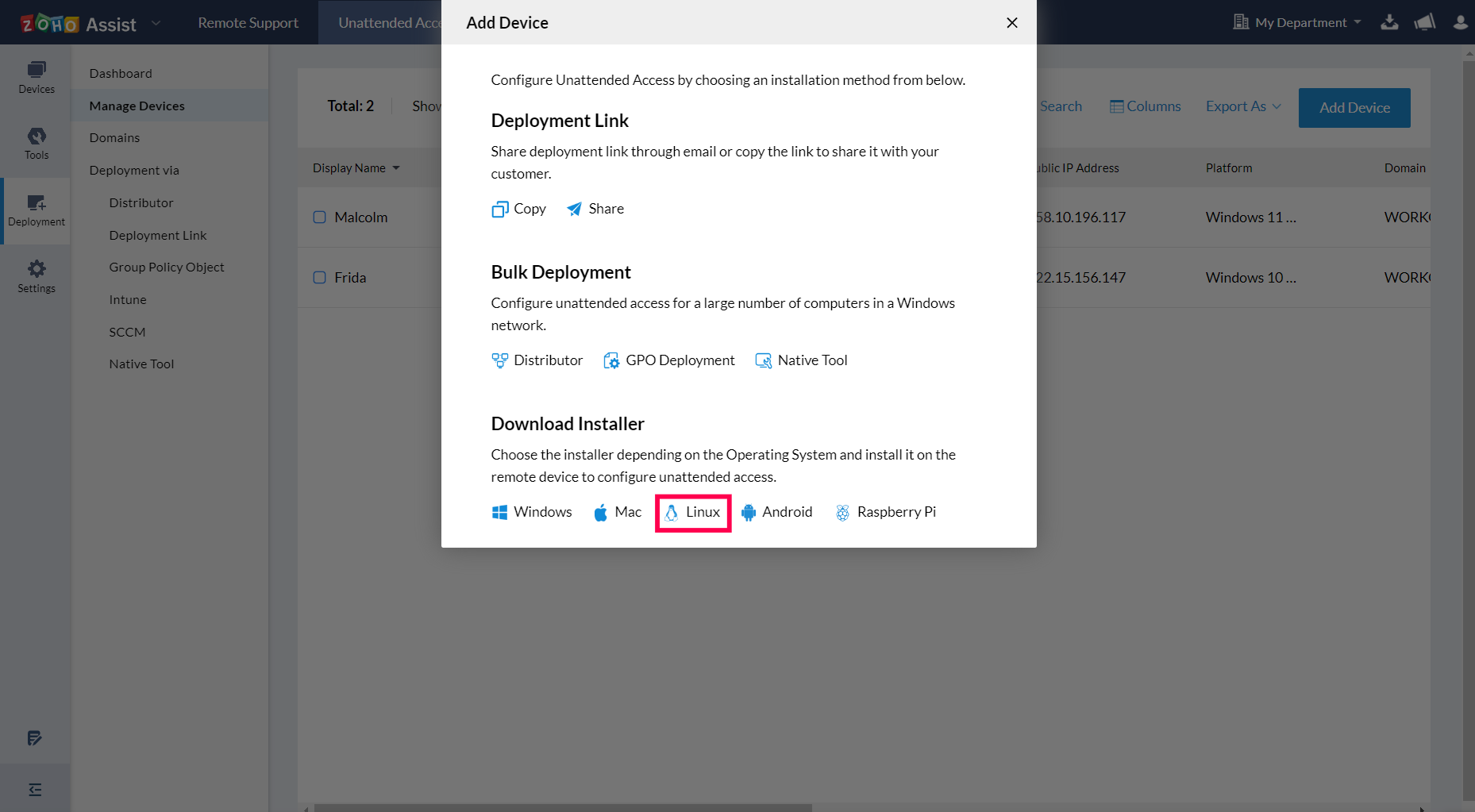 选择 Linux 安装程序以下载适用于 Linux 的无人值守访问安装程序