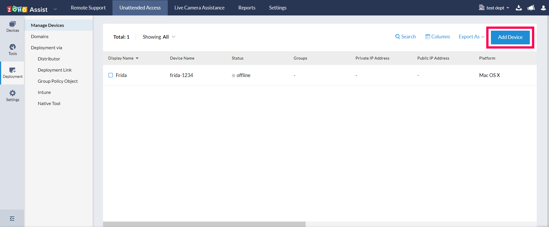 导航至“无人值守访问”选项卡，选择“部署”并点击“添加设备”。