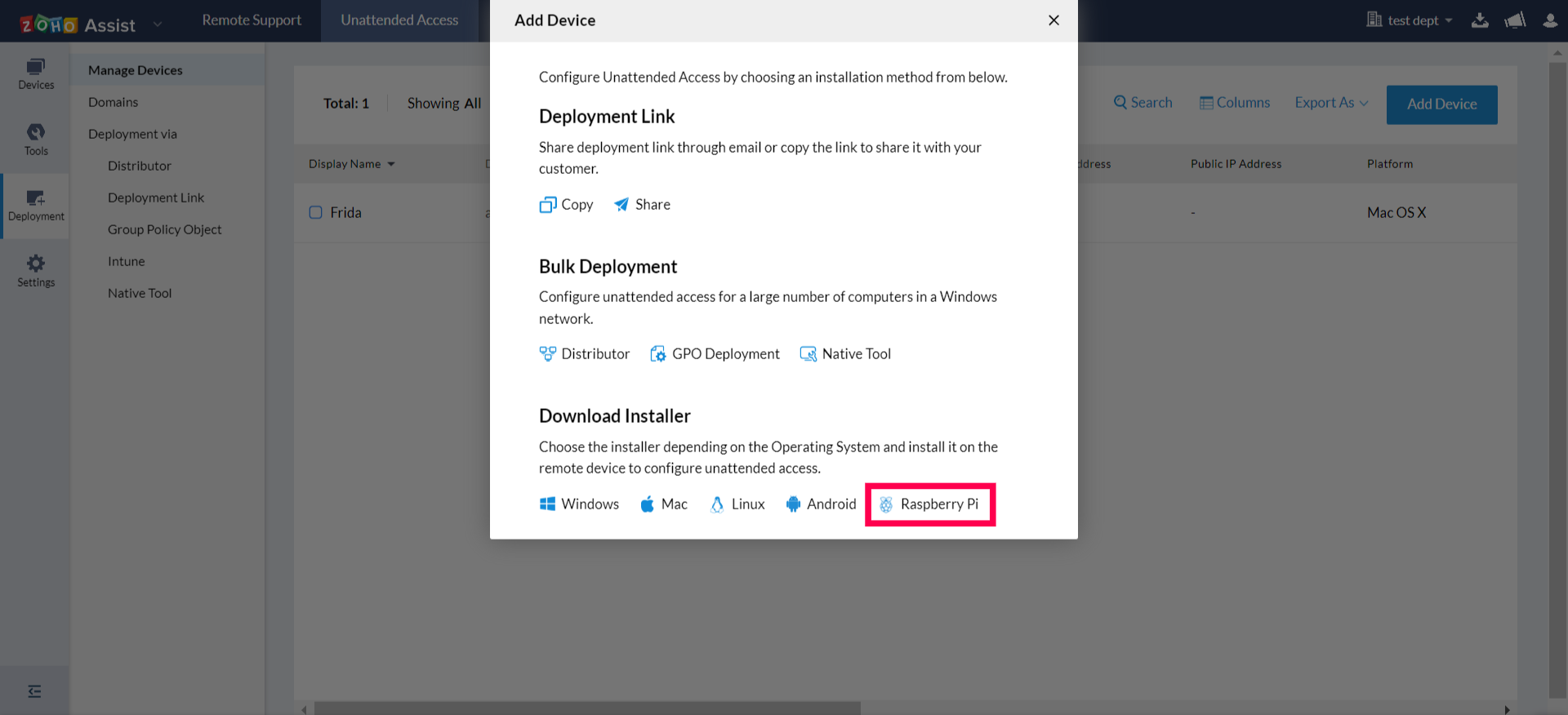 在适用于不同操作系统的各种安装程序中选择 Raspberry Pi Installer，以下载适用于 Raspbian Pi 的无人值守访问安装程序