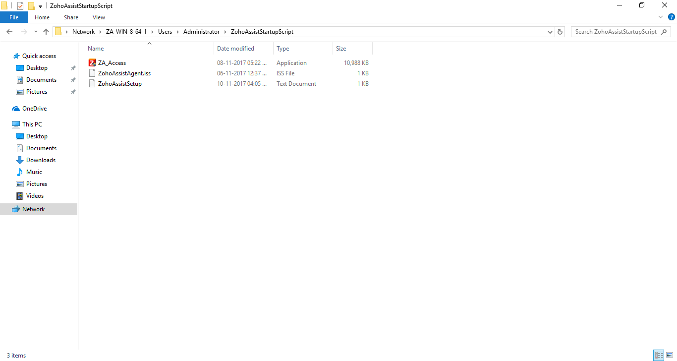 已下载的安装程序可执行文件、ZohoAssistAgent.iss 和批处理脚本已被移动到网络共享位置。