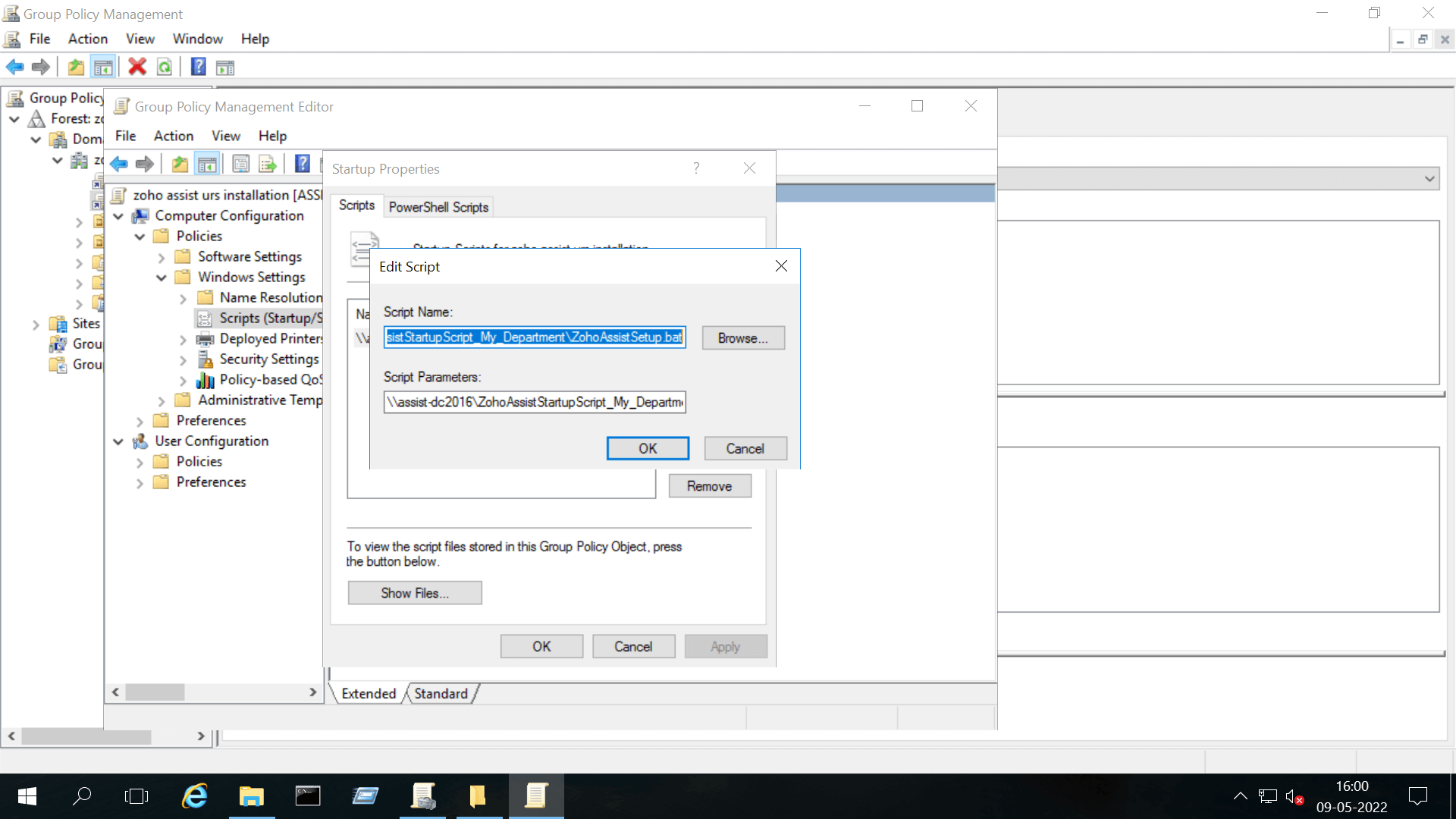 已复制的文件被粘贴为 ZohoAssistSetup.bat 脚本，显示在编辑脚本对话框中。