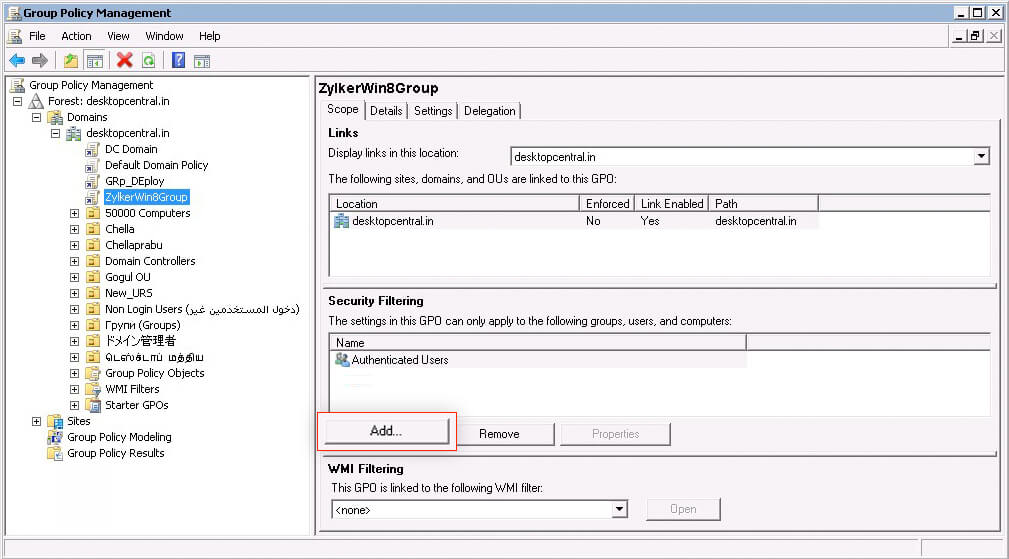 在已创建的 GPO 的“安全筛选”选项卡中点击“添加”。