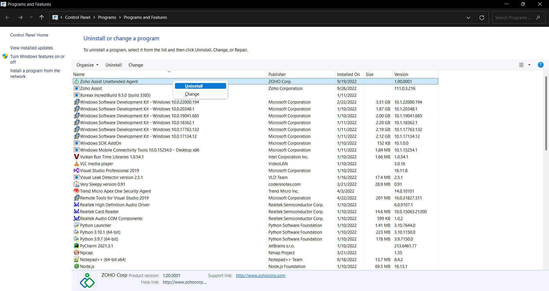 要通过控制面板从 Windows 卸载 Zoho Assist 非监控代理，请依次进入“开始” > “控制面板” > “程序和功能”，右键单击该应用程序，然后选择“卸载”。