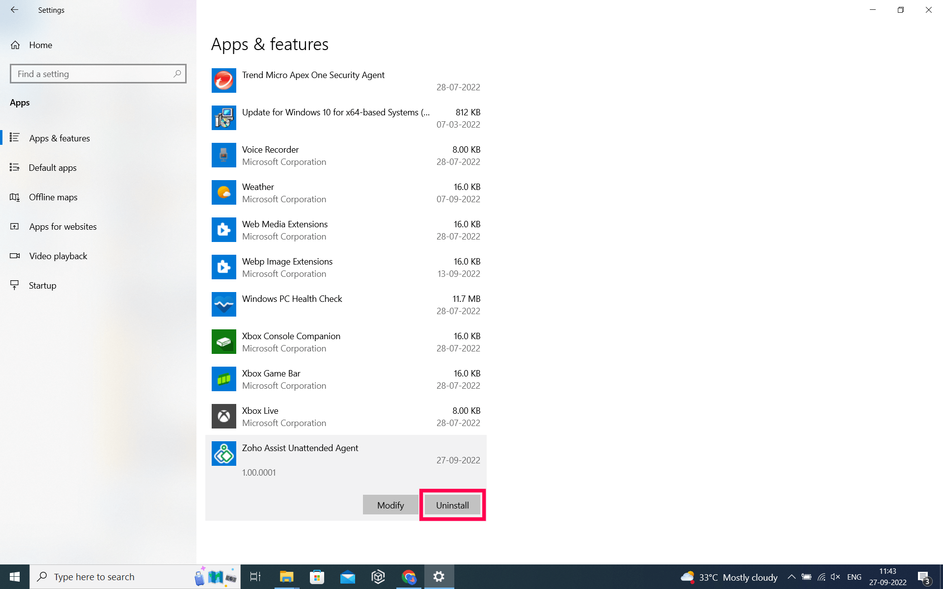 要通过 Windows 设置从 Windows 中卸载 Zoho Assist 无人值守代理，请依次转到“开始” > “设置” > “应用” > “应用和功能”。在 Zoho Assist 无人值守代理应用上选择“更多选项”，然后单击“卸载”。