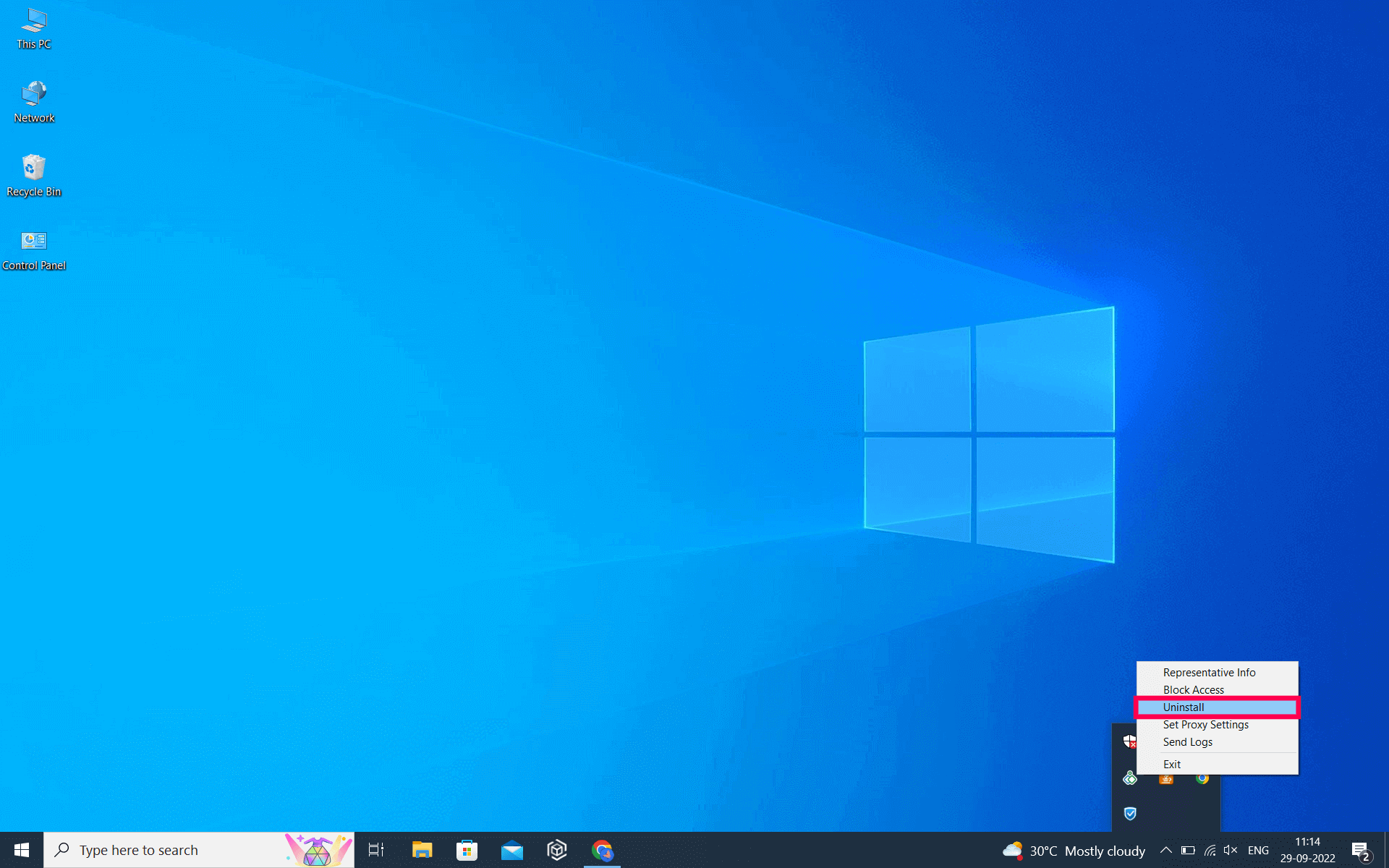 要通过 Windows 任务栏托盘卸载 Zoho Assist 无人值守代理，请单击 Windows 托盘图标，右键单击 Zoho Assist，然后选择“卸载”。