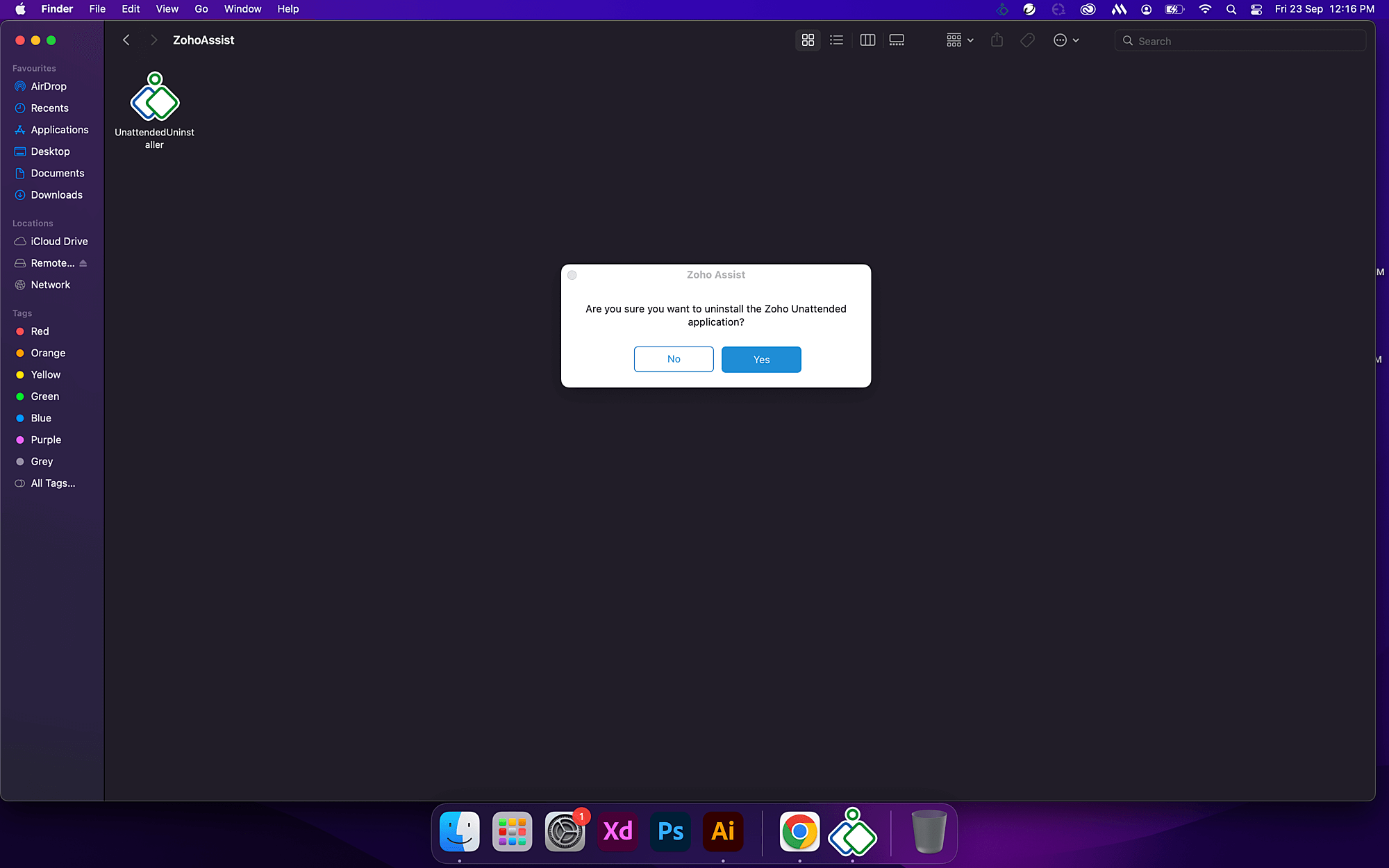 在尝试卸载 MacOS 设备上的 Zoho Assist 无人值守代理时出现的确认提示对话框。