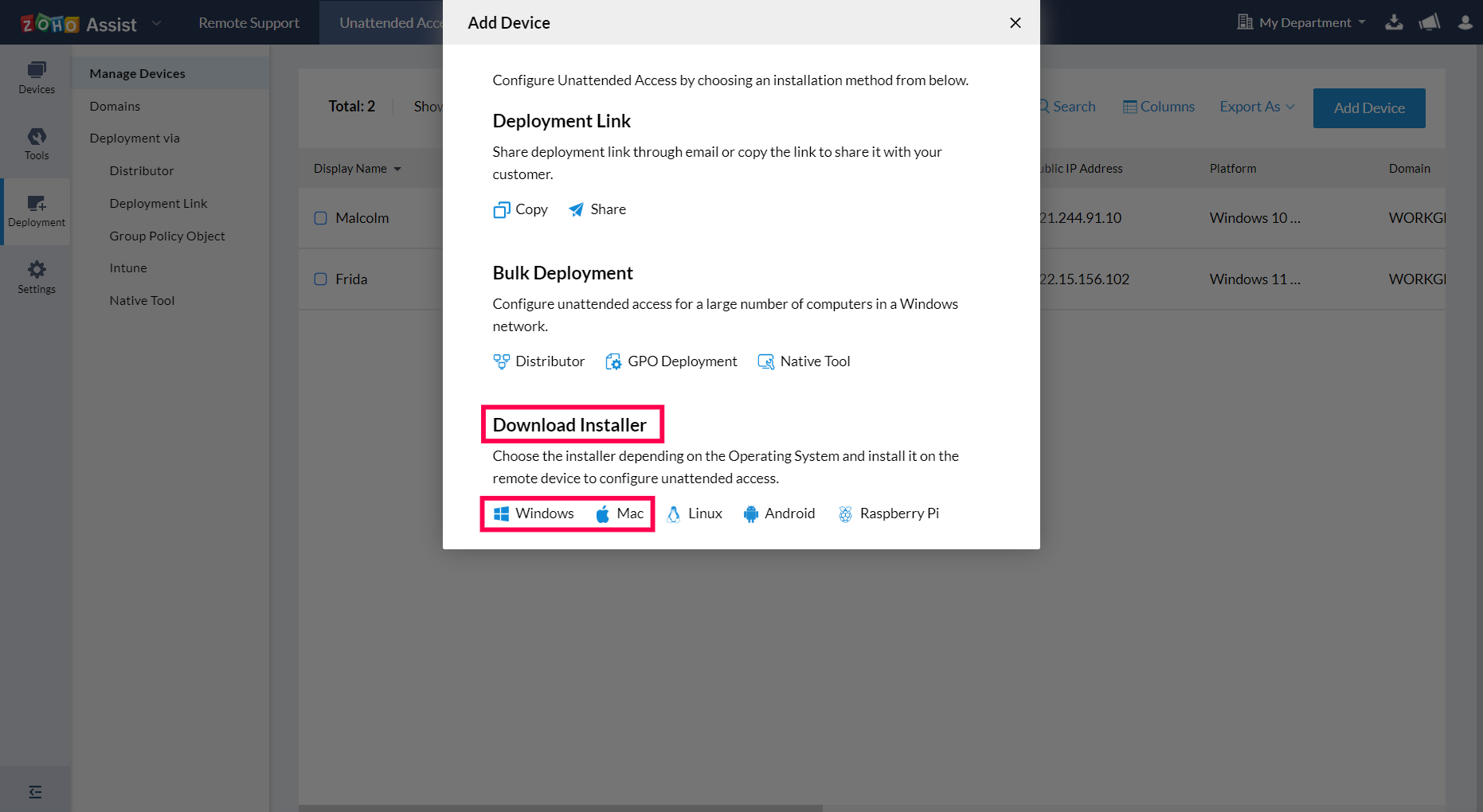 导航到无人值守访问并选择部署。点击添加设备，然后选择 Windows 或 Mac 以下载安装程序。