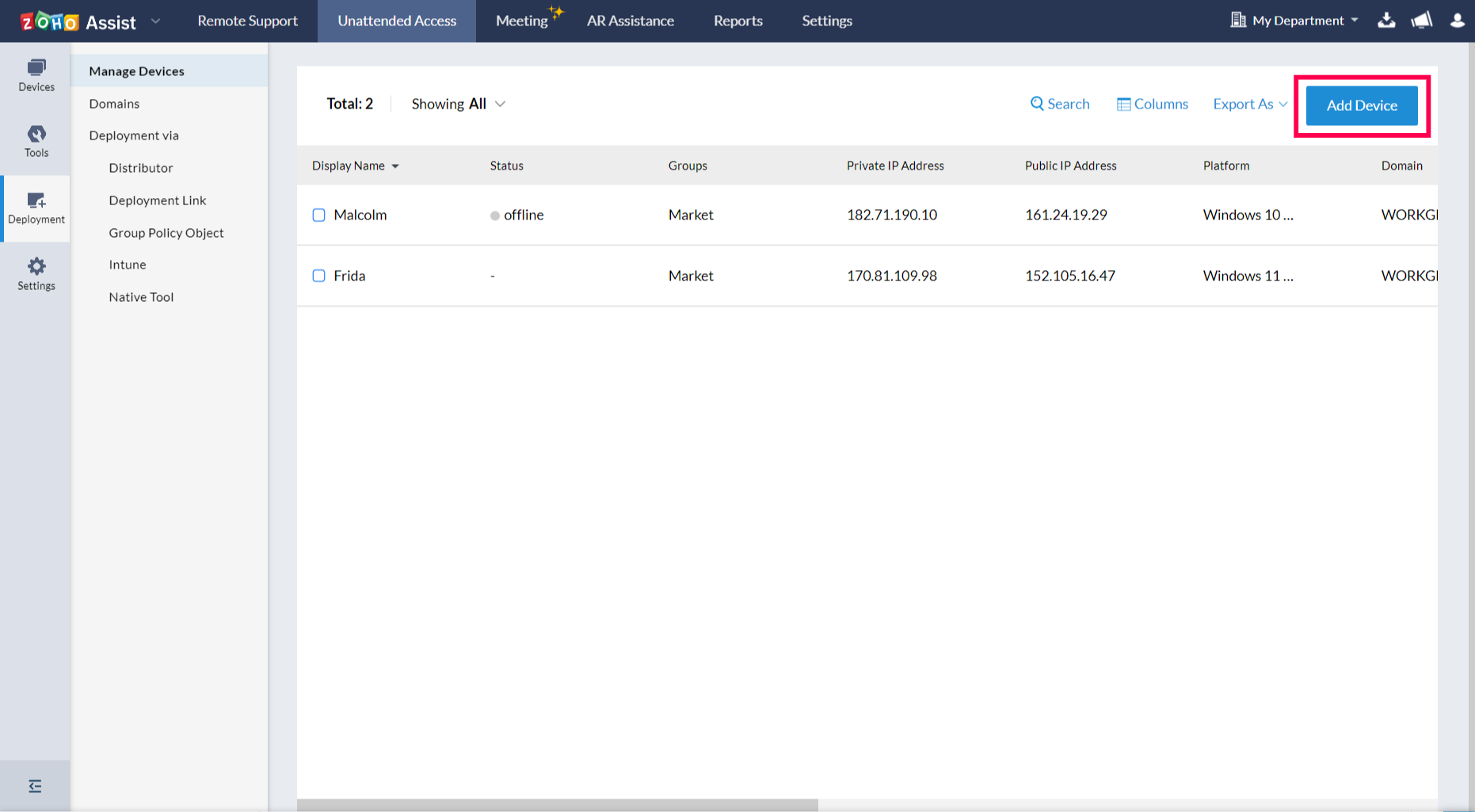 导航到无人值守访问，选择“部署”，然后点击“添加设备”。