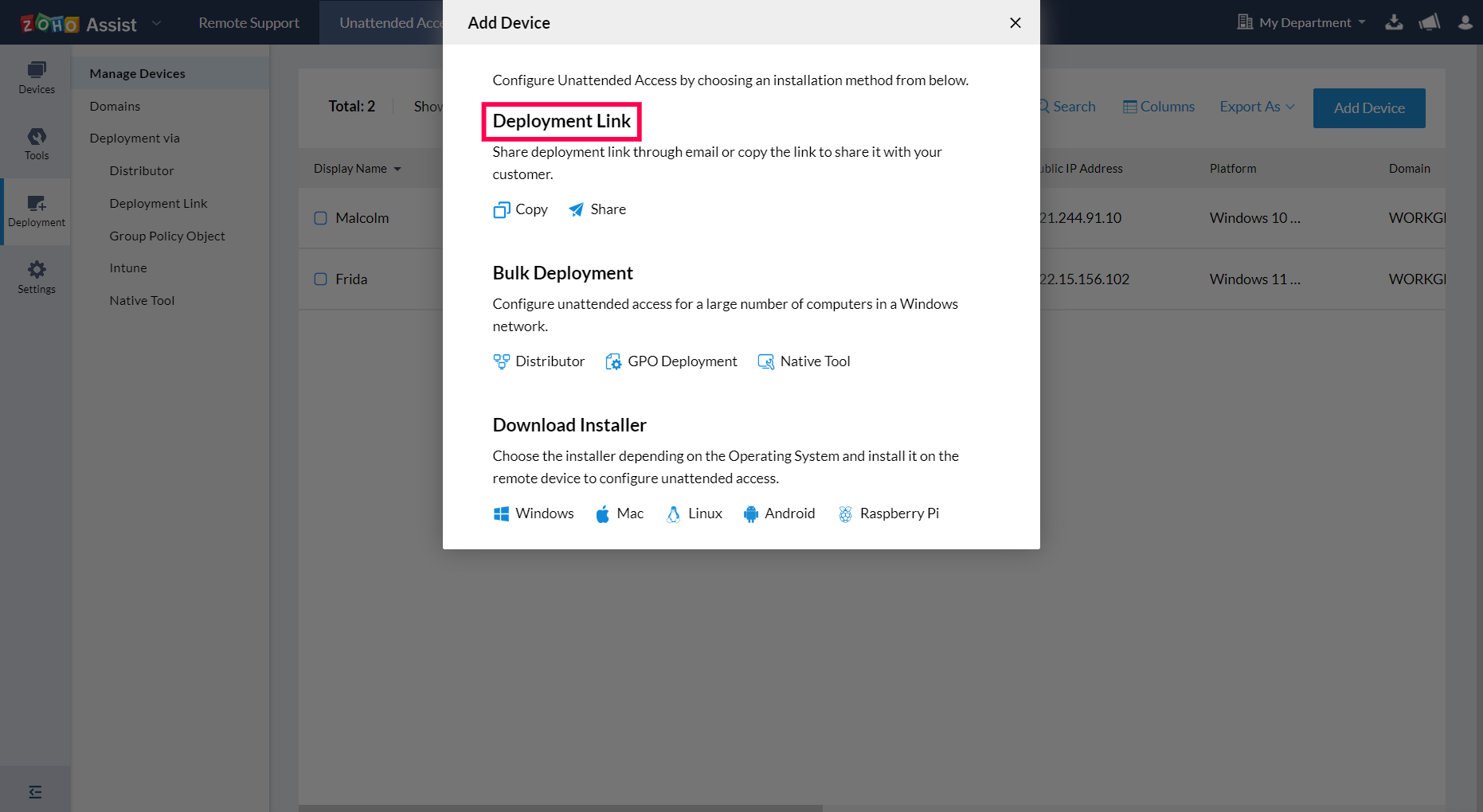 使用部署链接方法配置远程设备。通过电子邮件共享链接或复制链接以手动发送。
