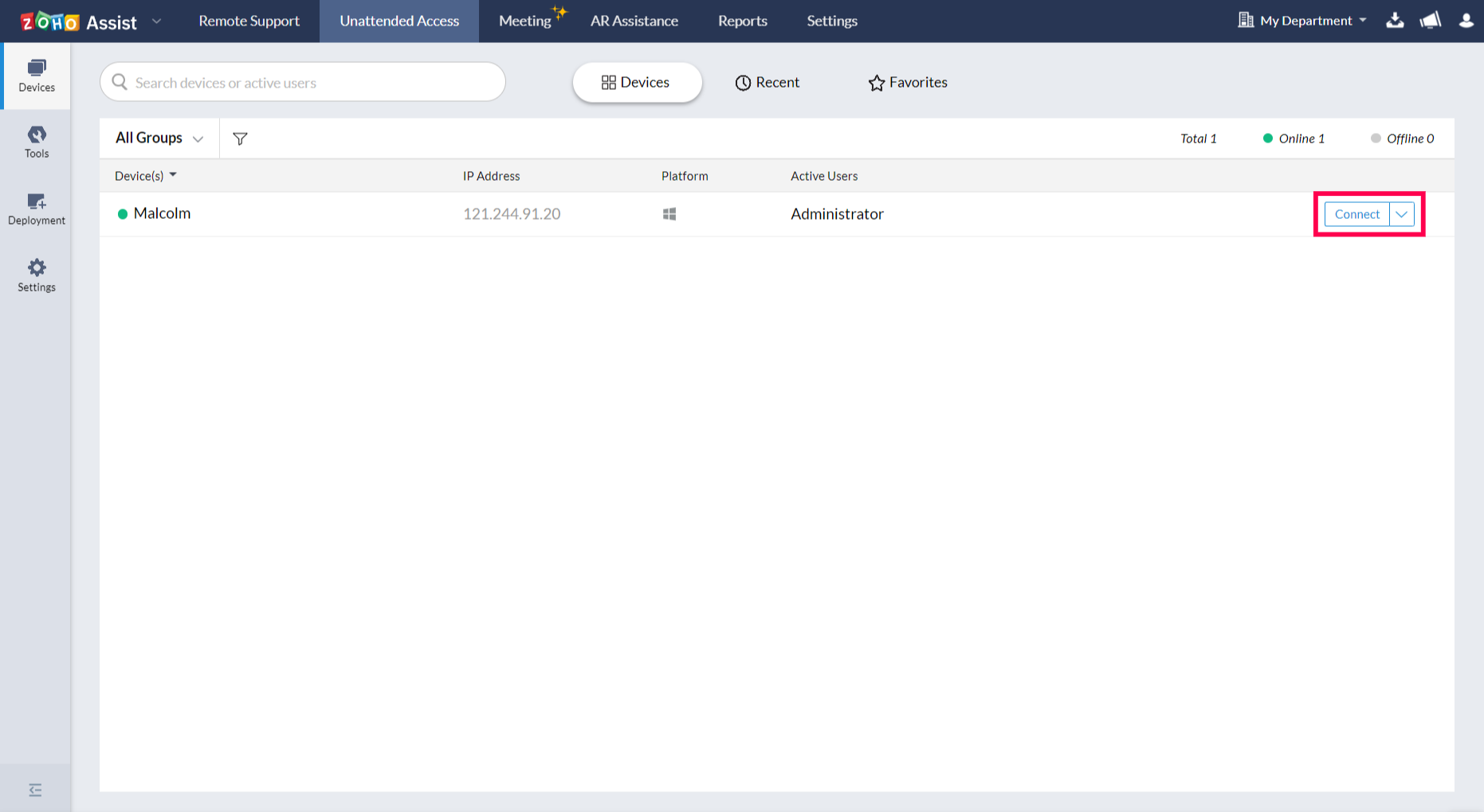 配置完成后，设备将列在无人值守访问中。单击设备旁边的“连接”以访问它。