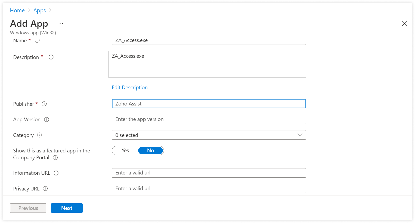 在“添加应用”部分中，将发布者名称输入为 Zoho Assist，然后点击“下一步”。
